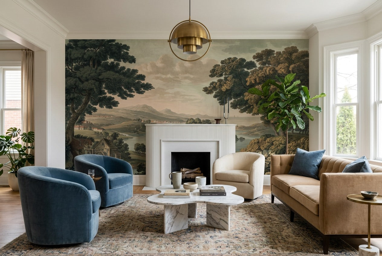 Vintage Teal Lakeside Forest Wallpaper Mural room scene