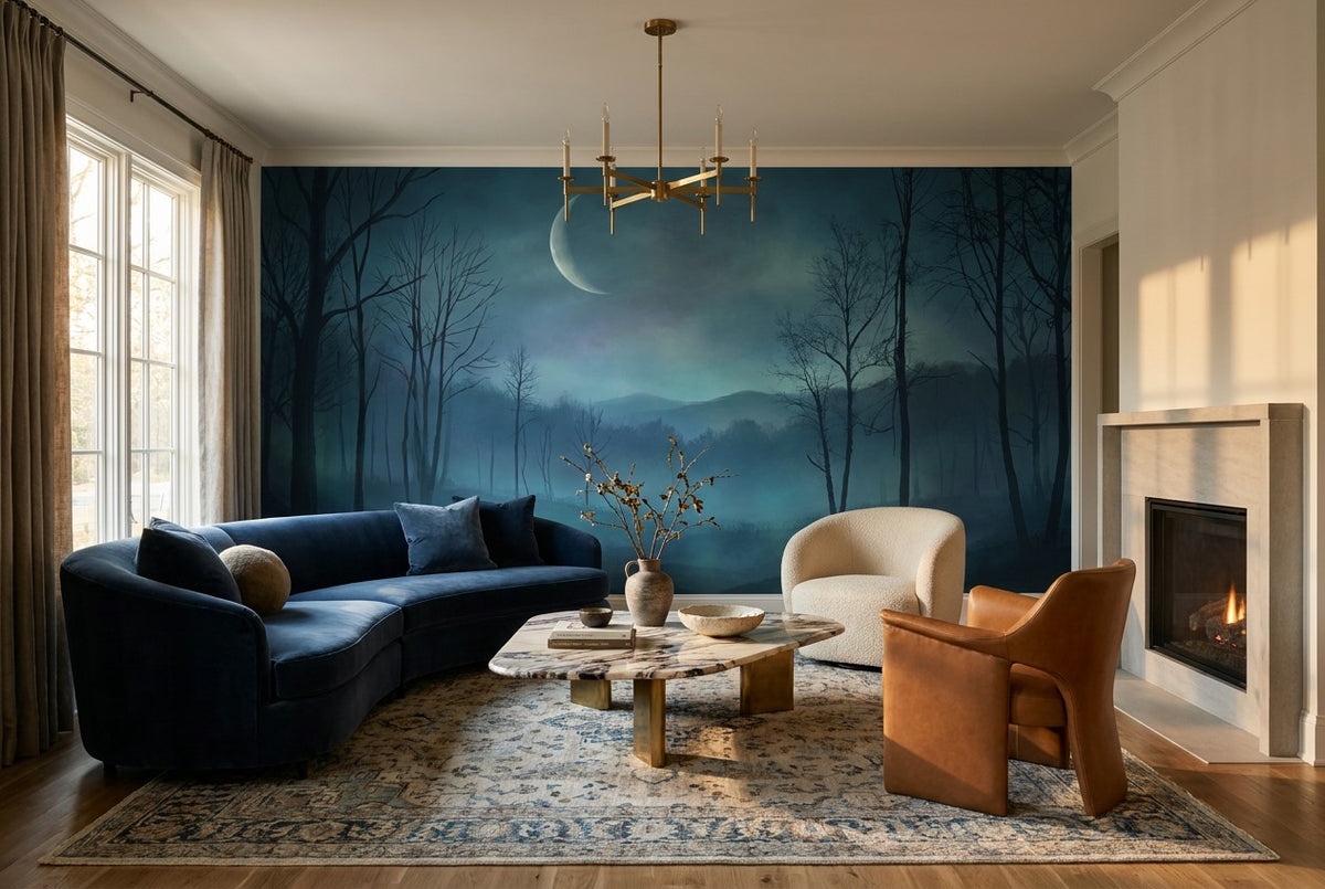 Misty Blue Crescent Moon Forest Wallpaper Mural interior scene