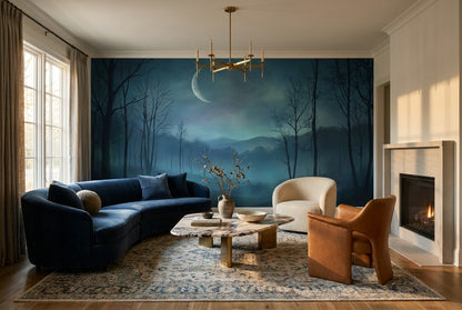 Misty Blue Crescent Moon Forest Wallpaper Mural interior scene