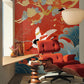 Crane Dance Amidst Ocean Waves Mural Wallpaper in living room