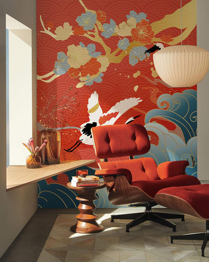 Crane Dance Amidst Ocean Waves Mural Wallpaper in living room