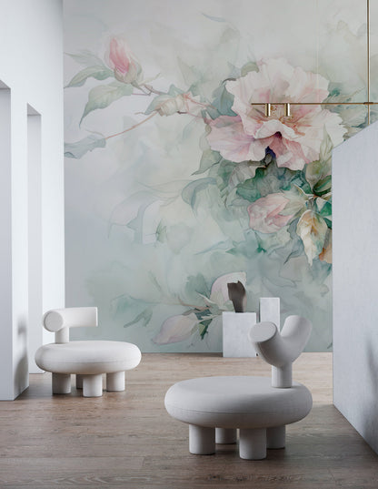 Elegant Pastel Blossom Floral Wallpaper in living room