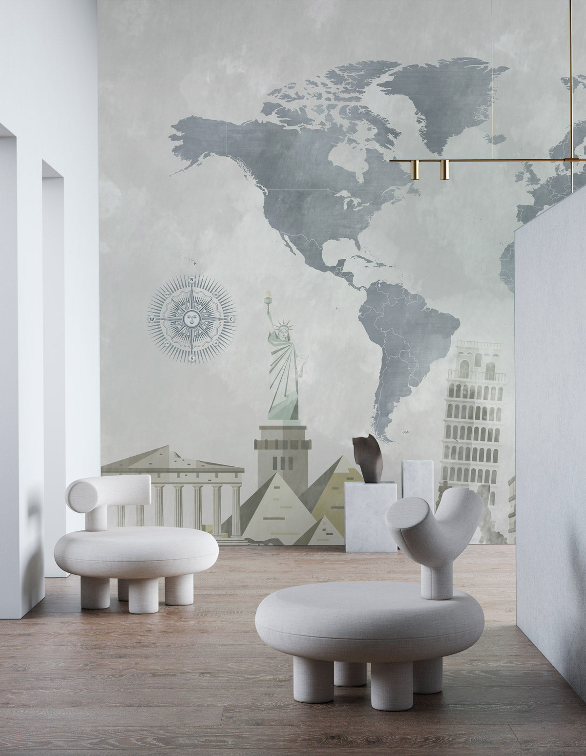 World Landmarks Grey Abstract Map Mural Wallpaper in living room