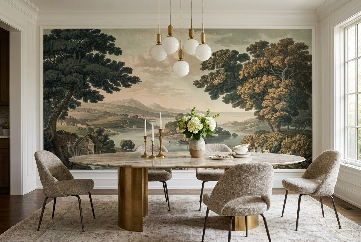 Vintage Teal Lakeside Forest Wallpaper Mural dining room scene