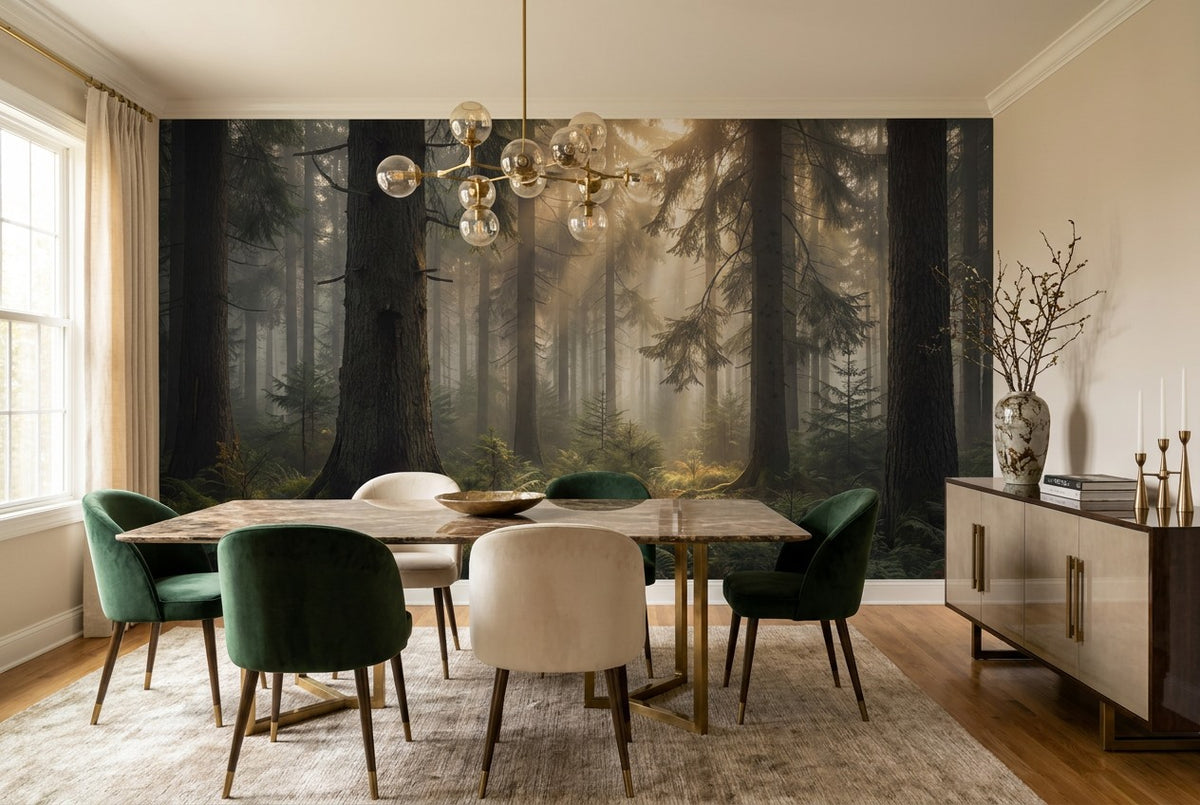 Sunlit Woodland Pine Forest Wallpaper Mural room scene