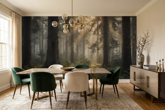 Sunlit Woodland Pine Forest Wallpaper Mural room scene