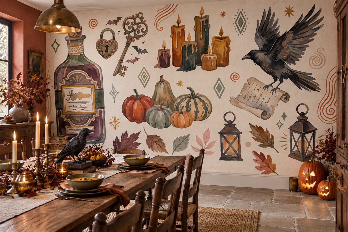 Potions Pumpkins Candles Raven and Lanterns Halloween Wallpaper Mural - image 3