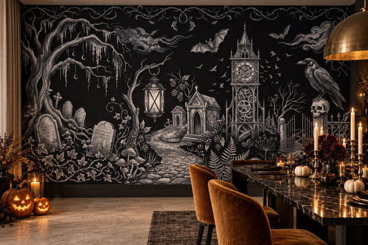 Moonlit Cemetery Ravens and Gothic Tower Halloween Wallpaper Mural - image 1
