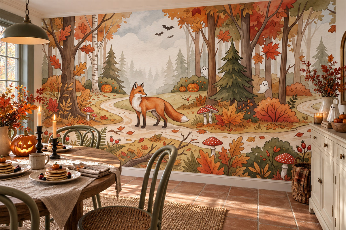 Fox in Autumn Forest with Tiny Ghosts Halloween Wallpaper Mural - image 1