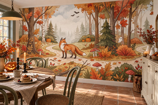 Fox in Autumn Forest with Tiny Ghosts Halloween Wallpaper Mural - image 1