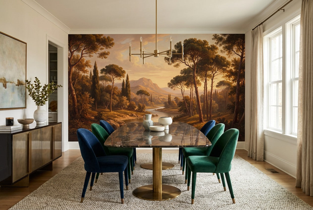Golden Rustic Pine Landscape Wallpaper Mural interior setting