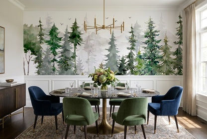 Fresh Green Watercolor Pine Tree Wallpaper Mural interior setting
