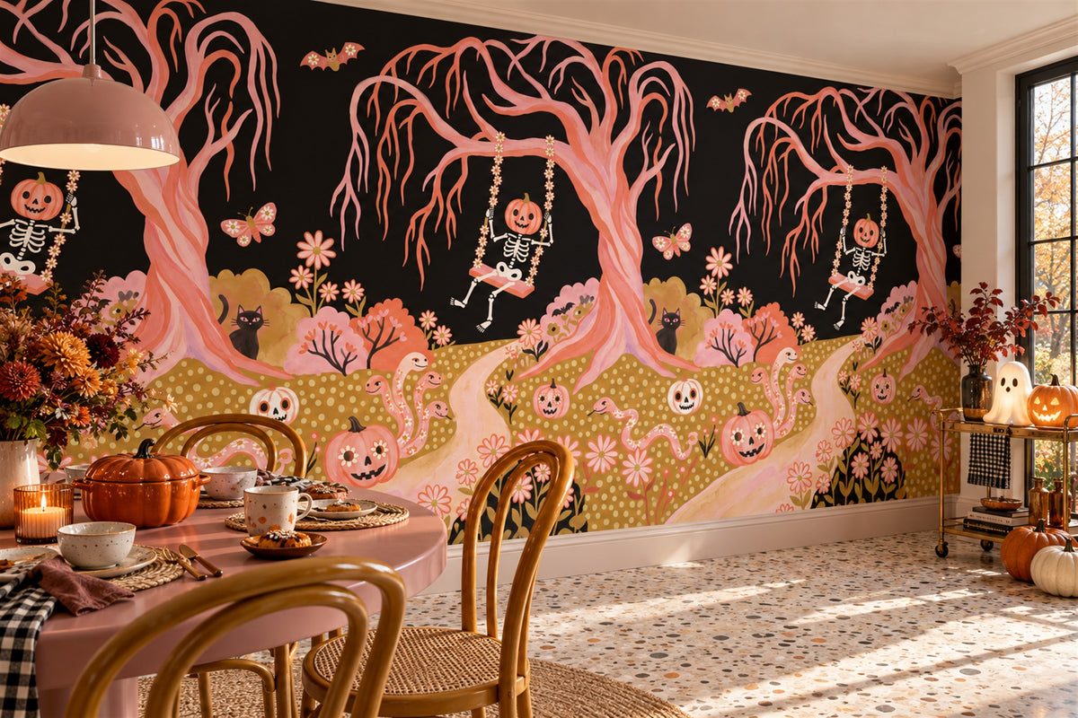 Pink Haunted Trees Skeletons Ghosts and Pumpkins Halloween Wallpaper Mural - image 1