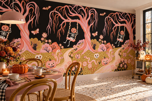Pink Haunted Trees Skeletons Ghosts and Pumpkins Halloween Wallpaper Mural - image 1