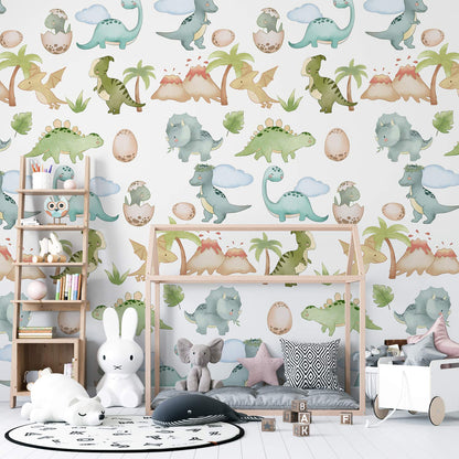 Fresh Cartoon Dinosaurs Wallpaper Mural in children's room