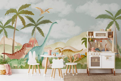 Wallpaper Mural for Nursery Decoration Featuring a Gathering of Dinosaurs
