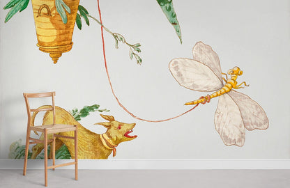 Dog Chasing Insects Wall Mural For Room