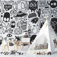 Whimsical Black White Doodle Mural Wallpaper