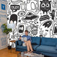 Whimsical Black White Doodle Mural Wallpaper