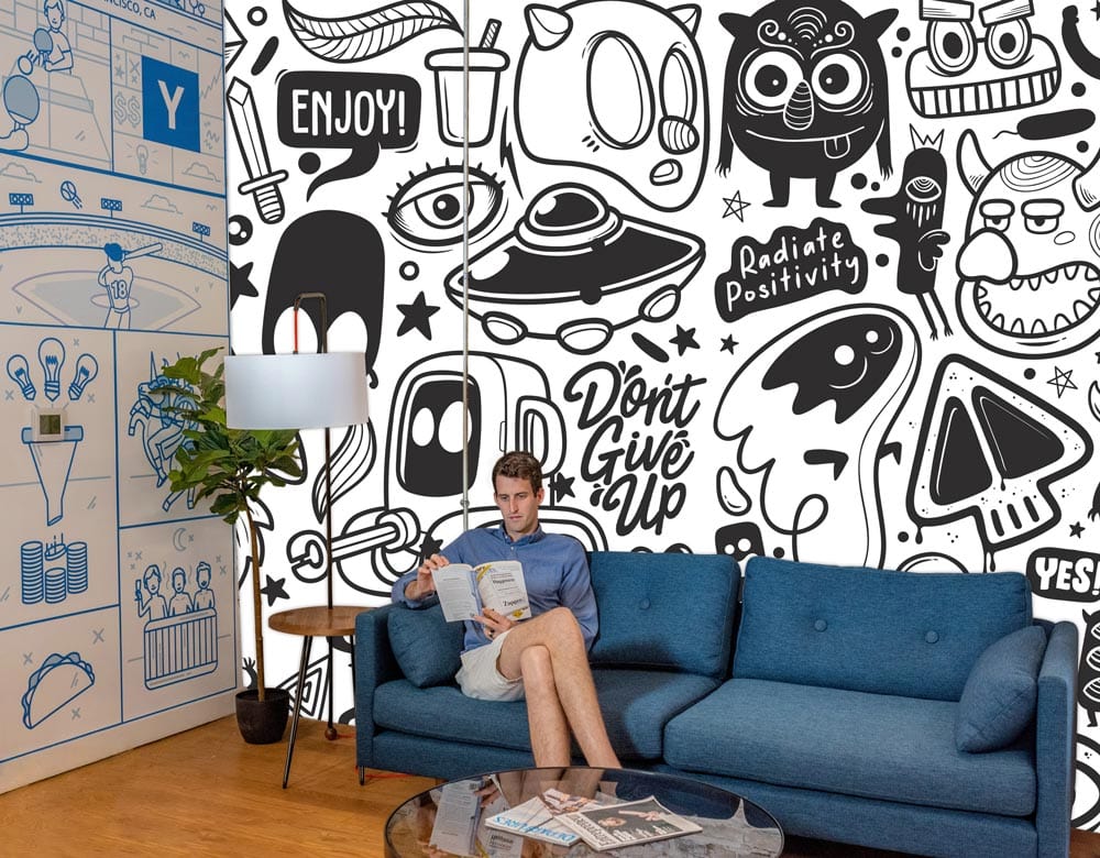 Whimsical Black White Doodle Mural Wallpaper