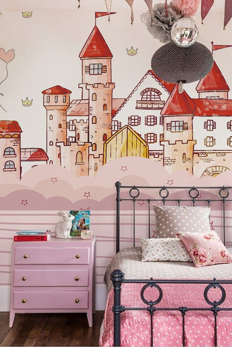 Whimsical Princess Castle Pink Mural Wallpaper