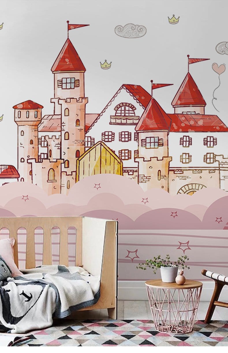 Whimsical Princess Castle Pink Mural Wallpaper