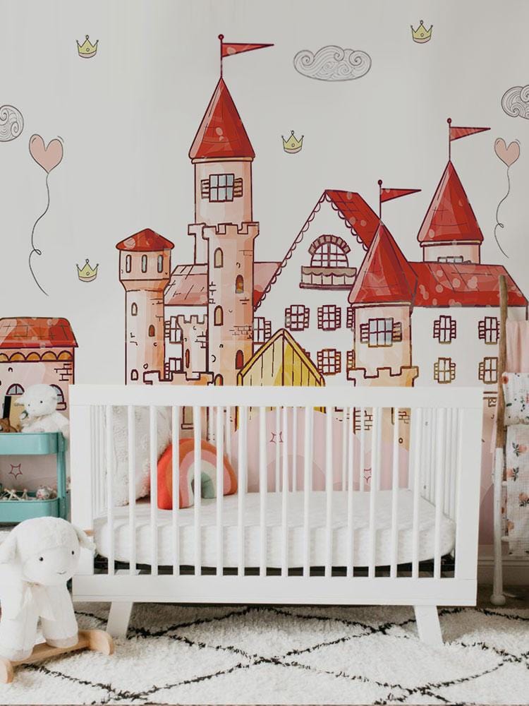 Whimsical Princess Castle Pink Mural Wallpaper