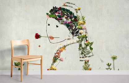 Dried Flowers Girl Wallpaper Mural Room Decoration Idea