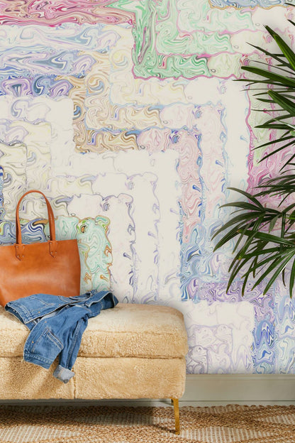 a living room wallpaper mural with abstract water droplets