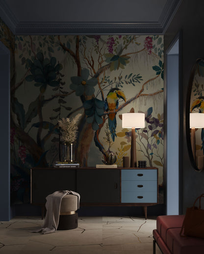 Tropical Jungle Birds Mural Wallpaper in living room