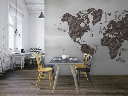 World Sketch Map Wallpaper Art in dining room
