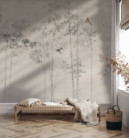 Misty Bamboo Grove Mural Wallpaper in living room