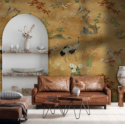 Golden Meadow Cranes Mural Wallpaper in living room