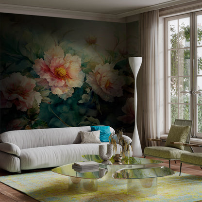 Elegant Watercolor Large Floral Wallpaper in living room