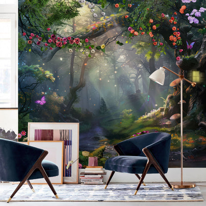 Enchanted Forest Bath Mural Wallpaper in living room