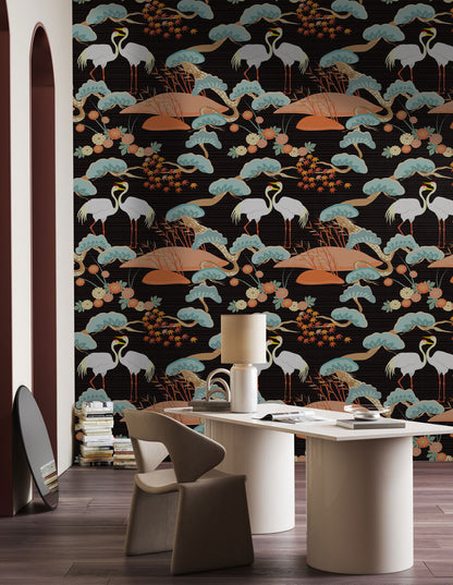 Elegant Cranes & Lotus Mural Wallpaper in office