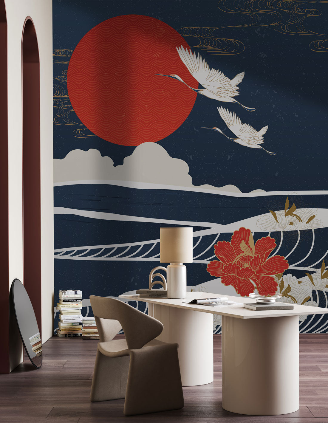 Crimson Sun and Flight Mural Wallpaper in office