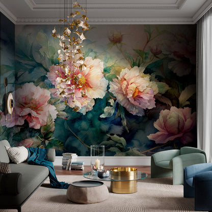Elegant Watercolor Large Floral Wallpaper in living room