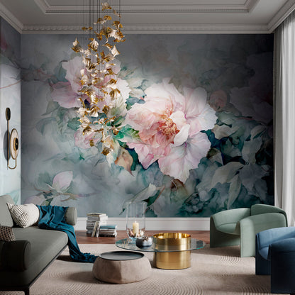 Elegant Pastel Blossom Floral Wallpaper in living room