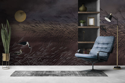 Moonlit Reeds & Cranes Mural Wallpaper in living room