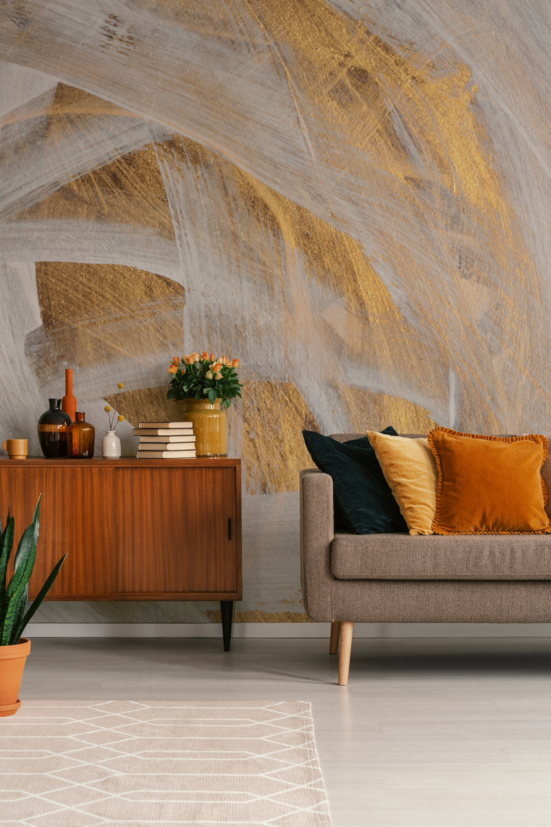 Golden Brushstroke Mural Wallpaper in living room