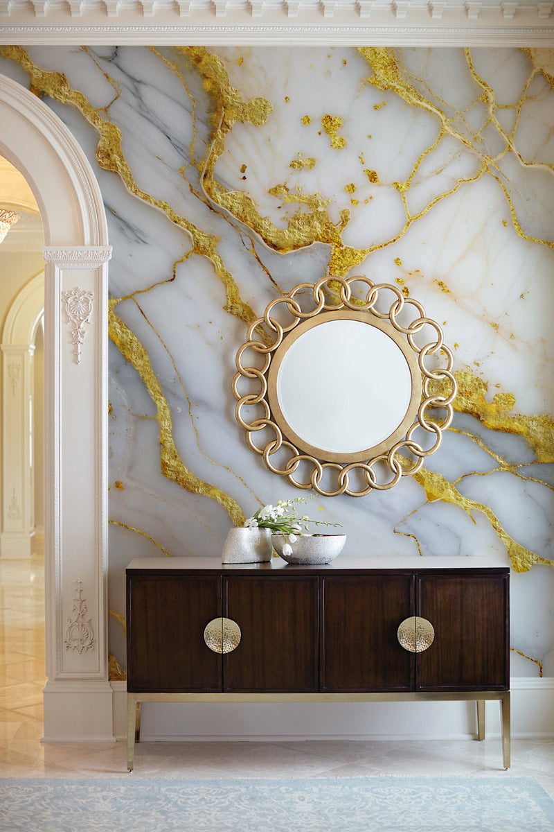 Majestic Gold Marble Mural Wallpaper in entryway