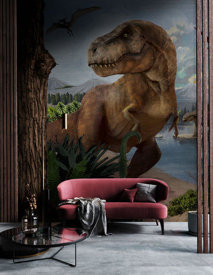 Dinosaur Adventure Prehistoric Landscape Wallpaper in living room