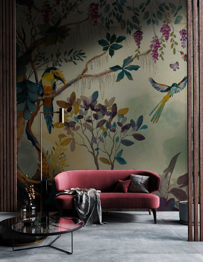 Tropical Jungle Birds Mural Wallpaper in living room