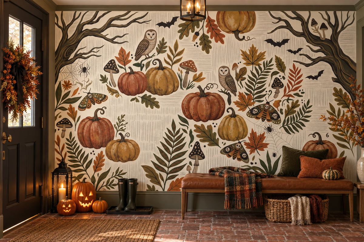 Pumpkins Owls Bats and Autumn Foliage Halloween Wallpaper Mural - image 4