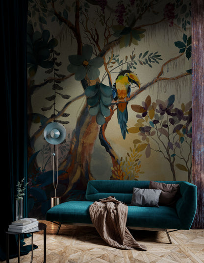 Tropical Jungle Birds Mural Wallpaper in living room