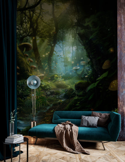 Mystical Forest Realm Mural Wallpaper in living room