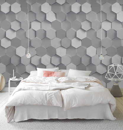 Monochrome Hexagonal Elegance Mural Wallpaper in bedroom