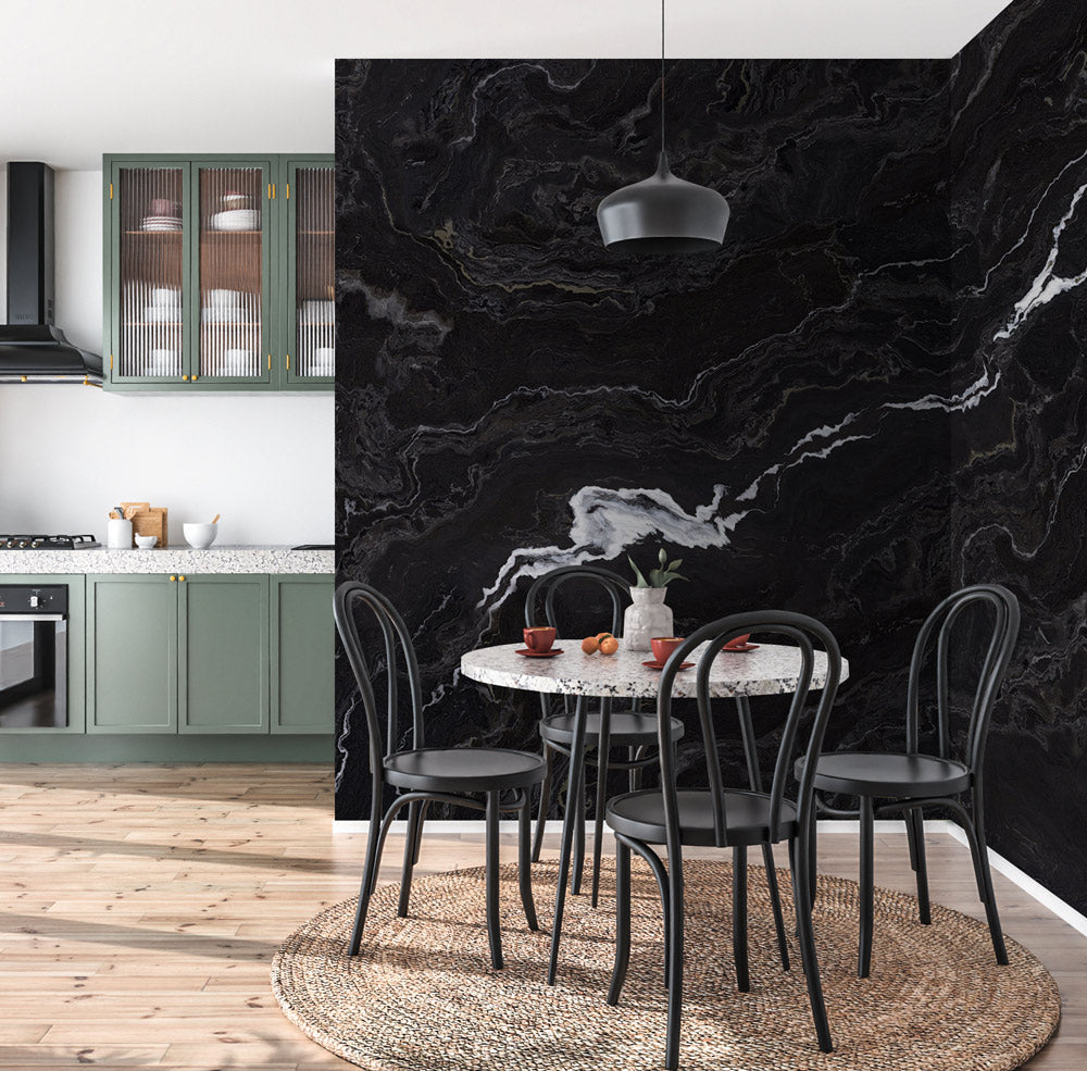 Midnight Elegance Marble Mural Wallpaper in kitchen