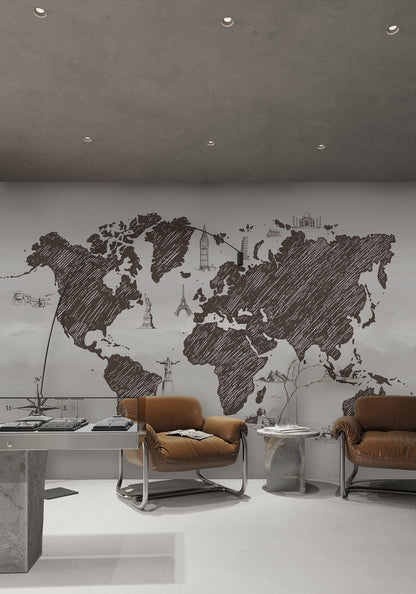 World Sketch Map Wallpaper Art in office